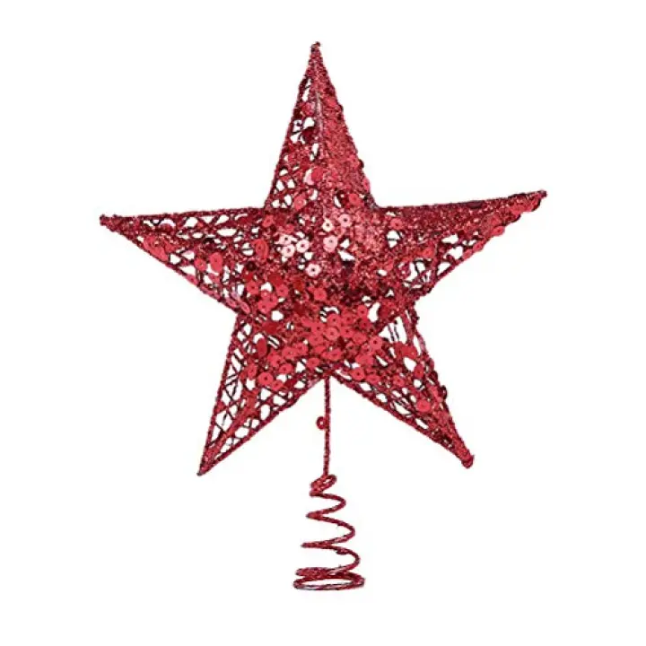 LIOOBO Five-Pointed Star Christmas Tree Top Star Glitter Christmas Tree Topper Decorations with Paillette Red