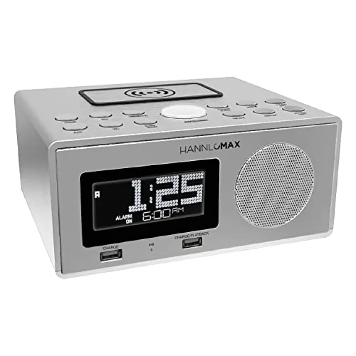 HANNLOMAX HX-202Qi Alarm Clock Radio, Wireless Charging, Bluetooth, 10W Output Power, Dual USB Ports for Charging and MP3 Playback, Temperature, Nightlight, Time Zone, Aux-in. (Silver)