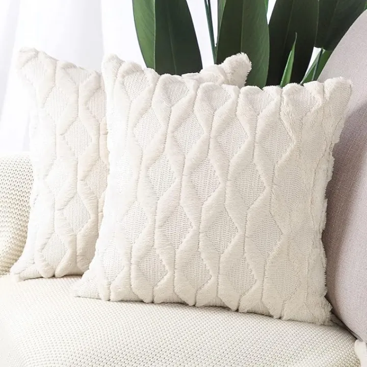 MADIZZ Set of 2 Soft Plush Short Wool Velvet Decorative Throw Pillow Covers 20x20 inch Beige Square Luxury Style Cushion Cases Pillow Shell for Sofa Bedroom