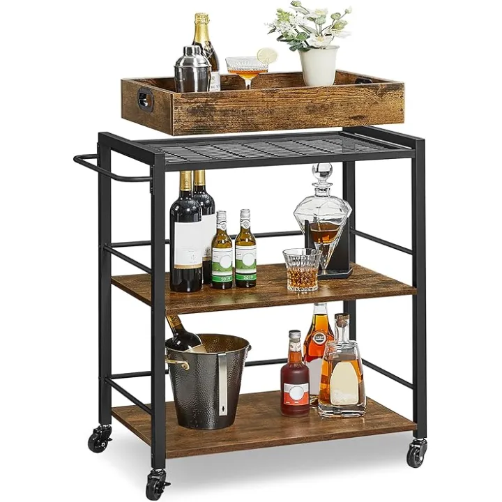 VASAGLE Kitchen Serving Cart with Removable Tray, 3-Tier Kitchen Utility Cart on Wheels with Storage, with Brakes, Leveling Feet, 15.7 x 28.3 x 33.9 Inches, Rustic Brown and Black ULRC72X