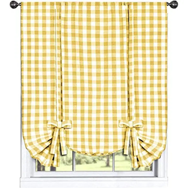 Woven Trends Farmhouse Curtains Kitchen Décor, Buffalo Plaid Shades, Classic Country Plaid Gingham Checkered Design, Farmhouse Décor, Window Curtain Treatments (Yellow, Tie-Up Shade)