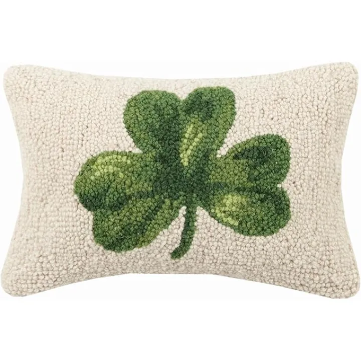 Peking Handicraft Irish Green Shamrock Clover Hooked Wool Pillow – 8” x 12”