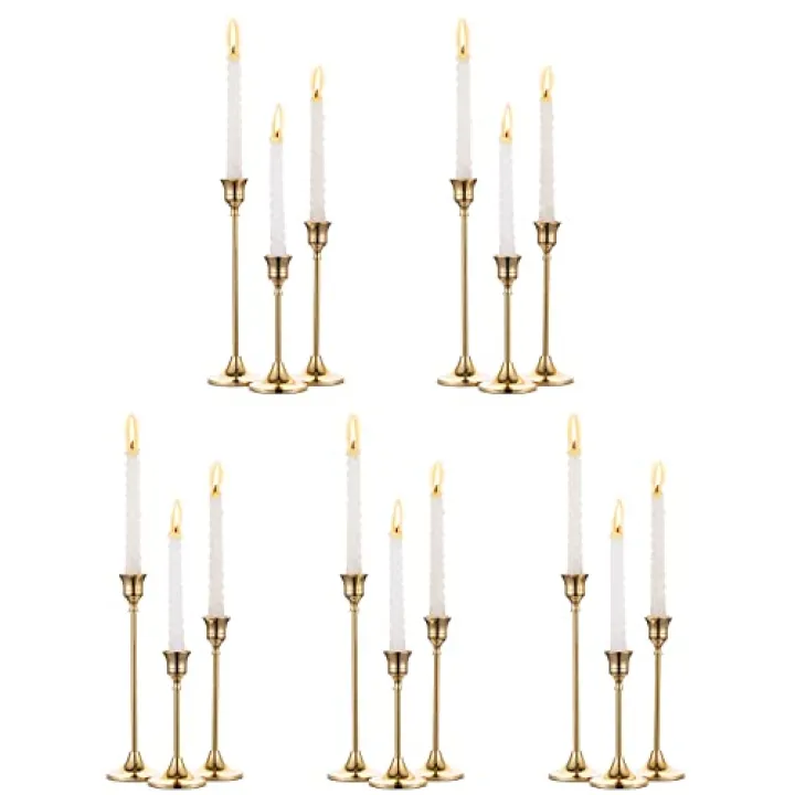 5 Sets(15 Pcs) Brass Gold Metal Taper Candle Holders Candlestick Holders, Vintage Modern Decorative Centerpiece Candlestick Holders for Table Mantel Wedding Housewarming Gift