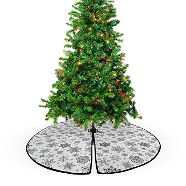 Ambesonne Snowflake Christmas Tree Skirt, Lace Style Arrangement of Snowflakes Winter Season Christmas Illustration, Decorative Quilted Mat Seasonal Holiday Decoration, 53.5", Blue Black White
