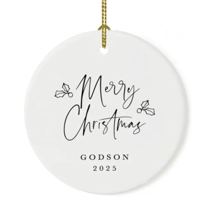 Andaz Press Custom Year Round Ceramic Porcelain Christmas Tree Ornament Keepsake Collectible Gift, Merry Christmas Godson 2026, Antique Handdrawn, 1-Pack, Includes Ribbon and Box Godson Ornament 2026