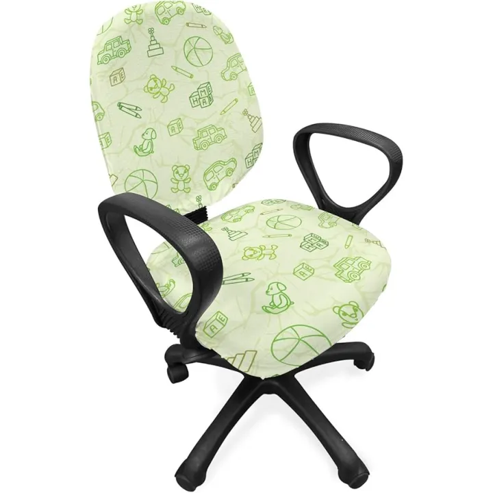 Ambesonne Cartoon Office Chair Slipcover, Cartoon Doodle Drawing Style Funny Toys Balls Cars Teddy Bear Crayon Pattern, Protective Stretch Decorative Fabric Cover, Standard Size, Pale Green