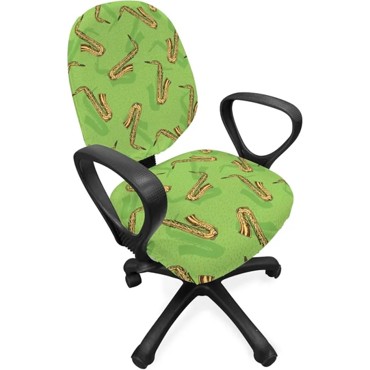 Ambesonne Jazz Music Office Chair Slipcover, Hand Drawn Style Saxophone Instruments on Green Background Orchestra, Protective Stretch Decorative Fabric Cover, Green Yellow Brown