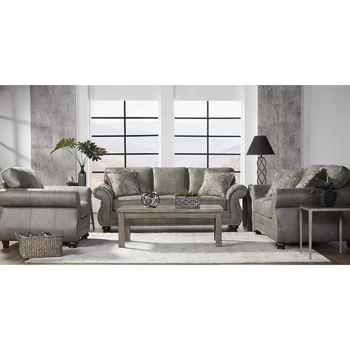 Roundhill Furniture Leinster Faux Leather Upholstered Nailhead 3-Piece Livingroom Set, Sofa, Loveseat, and Chair Set in Stone Gray