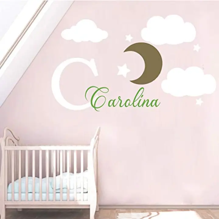 Custom Name & Initial Stars Clouds Baby Boy and Girl Personalized Name Nursery Wall Decal Vinyl Sticker | Multiple Font Options | Custom Kids Room Décor | Bedside Decals | Children’s Room