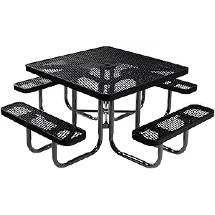 Coated Outdoor Furniture Heavy-Duty Portable Outdoor Picnic Table with Umbrella Hole, Expanded Metal Commercial-Grade Patio Dining Furniture Made in America (46" Square Top, Black)