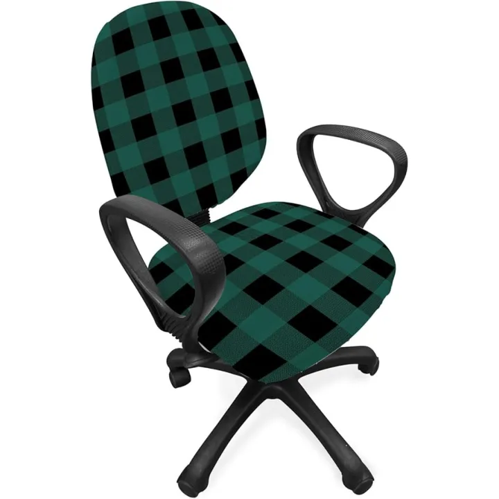 Ambesonne Abstract Office Chair Slipcover, Scottish Tartan Like View Repeating Squares, Protective Stretch Decorative Fabric Cover, Dark Teal Charcoal Grey