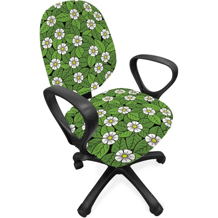 Ambesonne Floral Office Chair Slipcover, Overview of Blooming White Flowers and Leaves, Protective Stretch Decorative Fabric Cover, Fern Green White