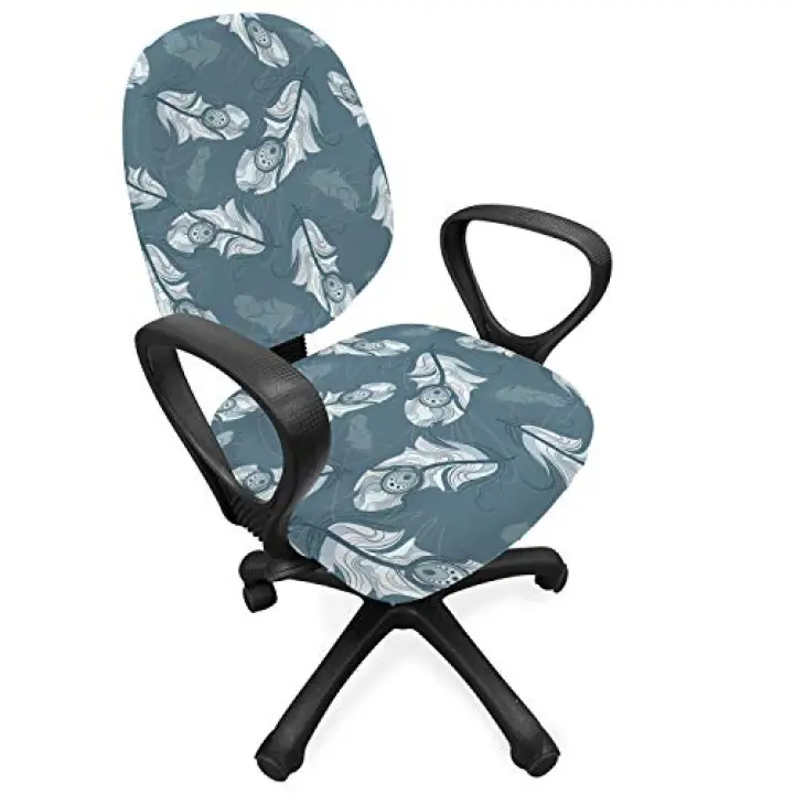 Lunarable Peacock Office Chair Slipcover, Modern Peacock Feathers Ornamental Pattern, Protective Stretch Decorative Fabric Cover, Blue Grey and Dust