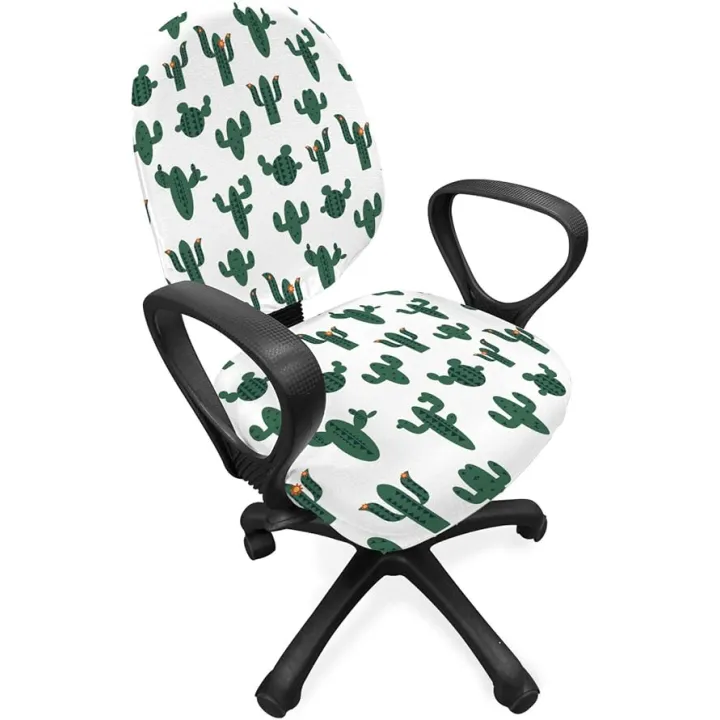 Lunarable Cinco De Mayo Office Chair Slipcover, Travel to Mexico Theme Cactus Plants Pattern Print, Protective Stretch Decorative Fabric Cover, Forest Green Night Blue