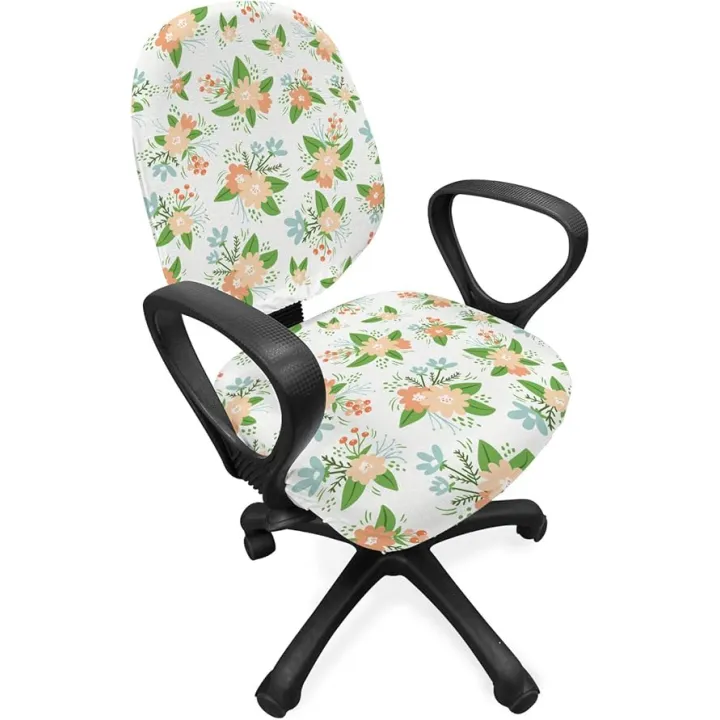 Lunarable Floral Office Chair Slipcover, Vintage Flowers Classic Blossom Botany Beauty Petals on Coconut Backdrop, Protective Stretch Decorative Fabric Cover, Green Peach and Blue