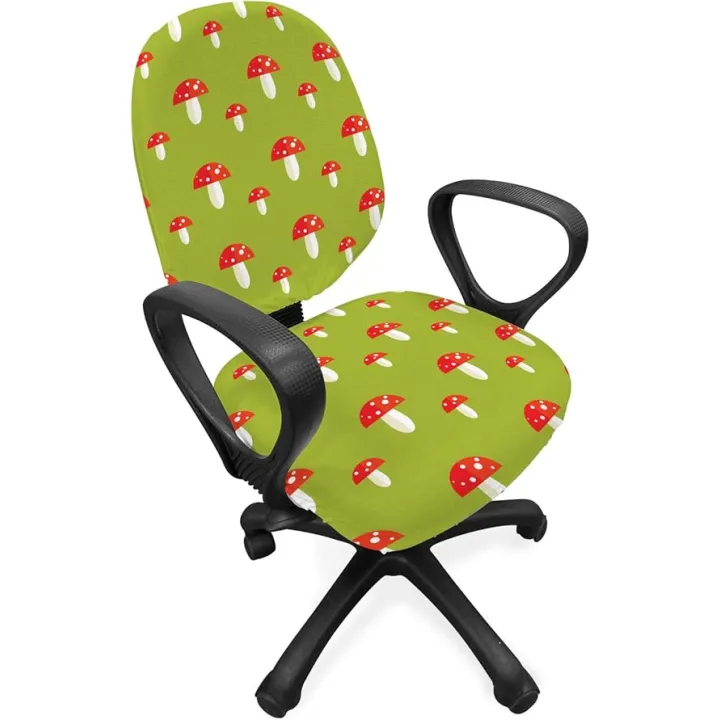 Ambesonne Mushroom Office Chair Slipcover, Childish Forest Botany Pattern with Toadstools, Protective Stretch Decorative Fabric Cover, Apple Green Vermilion