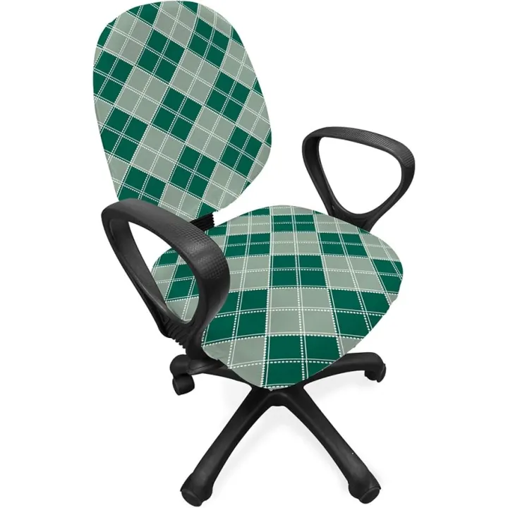 Lunarable Christmas Office Chair Slipcover, Classic Noel Gingham Xmas Stripes Geometric Celtic Tartan Lines Checkered, Protective Stretch Decorative Fabric Cover, Hunter Green