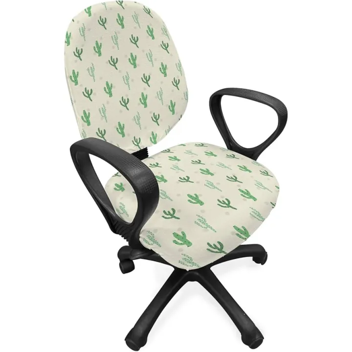 Ambesonne Cactus Office Chair Slipcover, Saguaro Desert Nature Leaf Wilderness Hipster Vintage, Protective Stretch Decorative Fabric Cover, Standard Size, Eggshell and Fern Green
