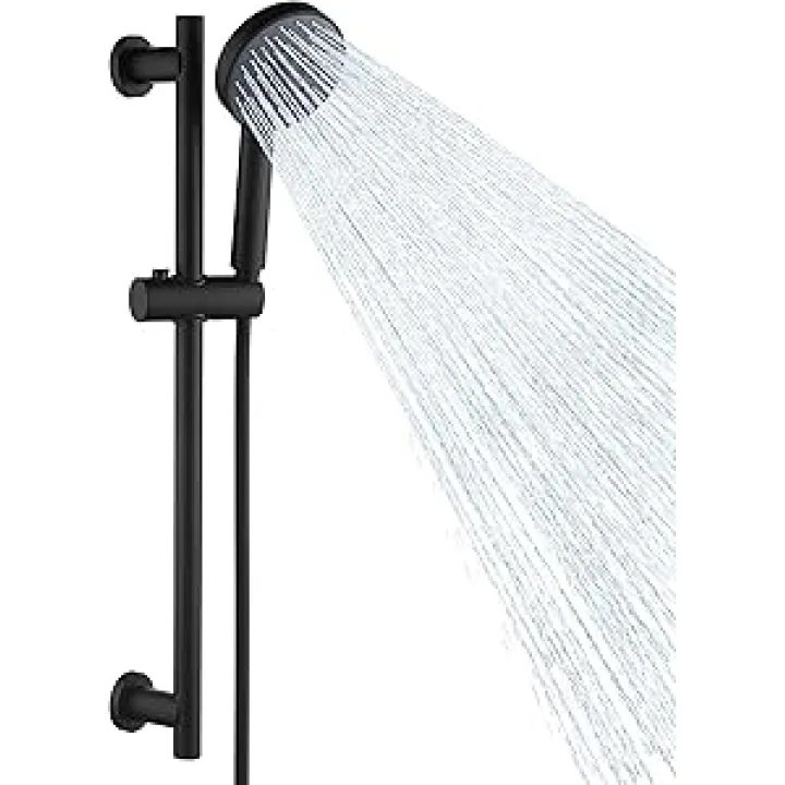 KES Adjustable Shower Head Holder with Slide Bar Combo, Handheld Shower Head with Hose 5-Function Handheld Shower Kit with Handheld Set Matte Black, F204-BK+KP501B-BK