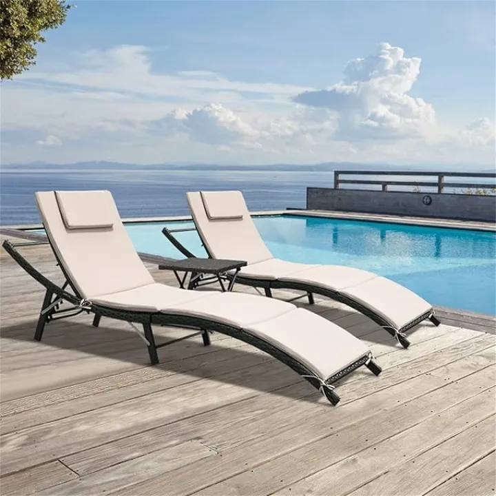 GUNJI Lounge Chairs for Outside 3 Pieces Patio Adjustable Chaise Lounge Outdoor Wicker Lounge Chairs Set of 2 with Table Folding Chaise Lounger for Poolside, Deck, Lawn (Beige)