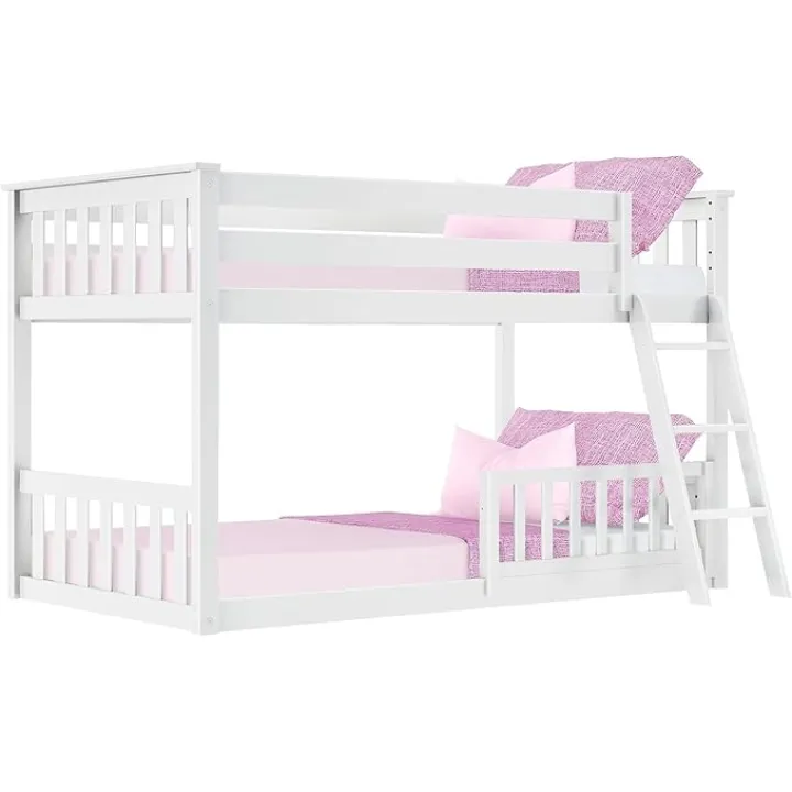 Max & Lily Low Bunk Bed, Twin-Over-Twin Bed Frame For Kids With 1 Guard Rail, White