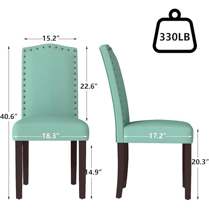 LSSBOUGHT Dining Chairs Set of 2, Upholstered Parsons Dining Room Chairs Fabric Kitchen Chairs with Solid Wood Frame and Nailhead Trim, Green