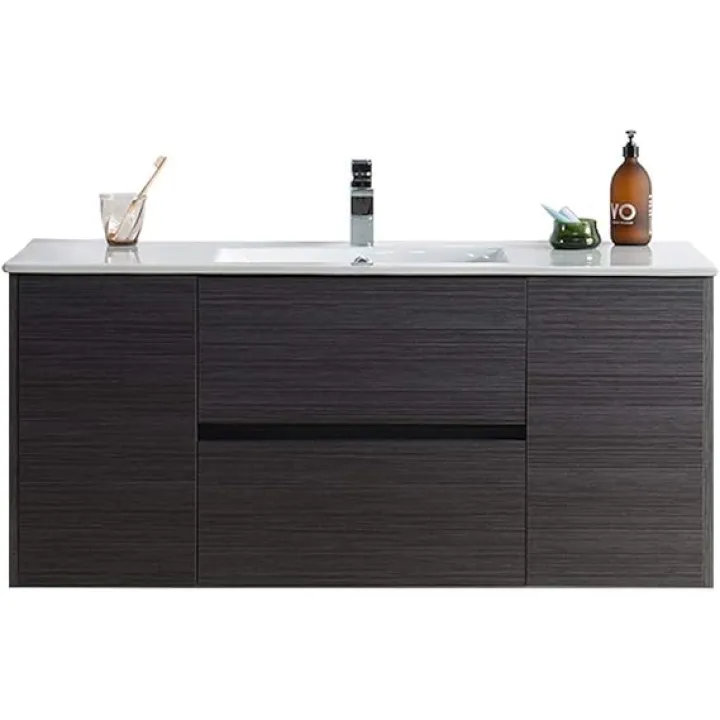 Blossom Valencia Single Bathroom Wall Mount Vanity with Ceramic Sink | All Wood Floating Vanity Cabinet | Two Doors and Soft-Closing U-Shaped Cutout Drawers | 48" w/Ceramic Sink, Silver Grey
