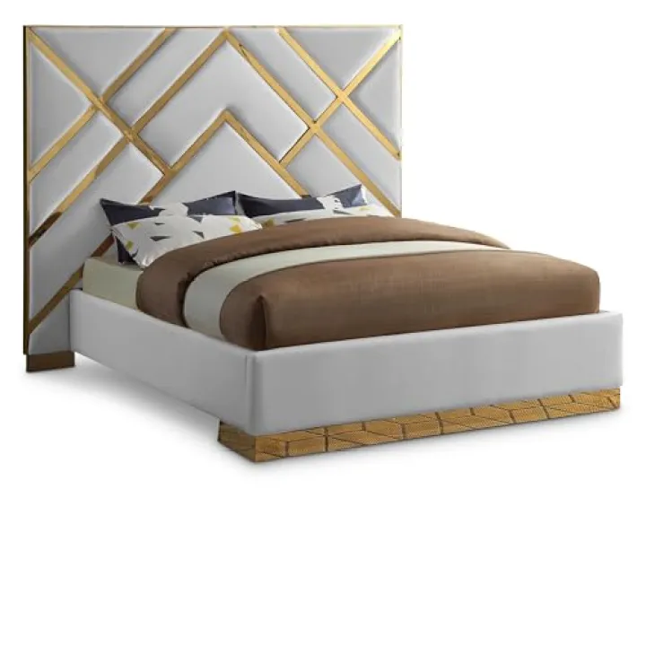 Meridian Furniture VectorWhite-Q Vector Collection Modern | Contemporary Vegan Leather Upholstered Bed, Custom Gold Metal Base and Polished Gold Metal Design, 81.5" W x 85.5" D x 68" H, White, Queen
