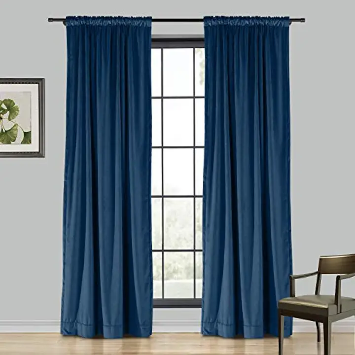 TWOPAGES Soft Velvet Textured Curtain for Bedroom, Navy Blue Solid Room Darkening Flat Hook Curtain Window Treatment Curtain, 1 Panel, 84W x 96L Inches 4 in 1 Header