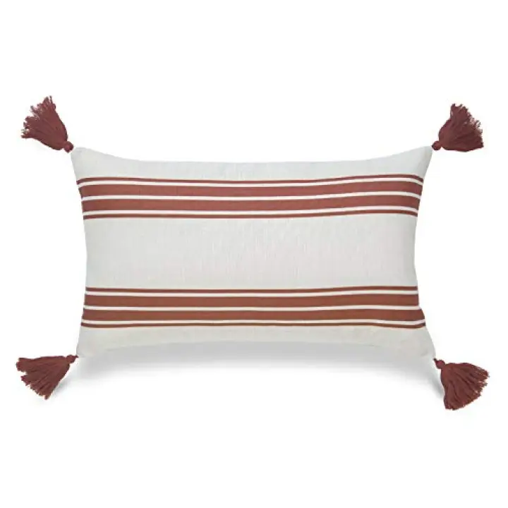 Hofdeco Fall Decorative Lumbar Throw Pillow Cover ONLY, for Couch, Sofa, or Bed, Orange Stripe Tassel, 12"x20"