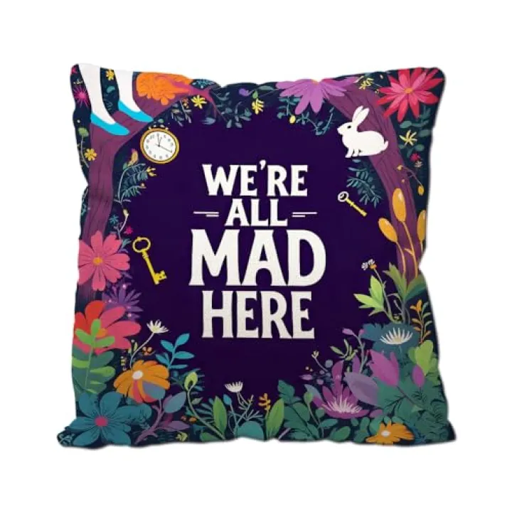 Nicokee Cotton Linen Pillow Covers We're All Mad Here Funny Art Decor Throw Pillow Covers Cases for Couch Sofa Bed Home Decor 18 x 18 Inches