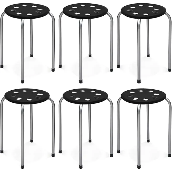 COSTWAY 6-Pack Round Plastic Stack Stools, 17.5-inch Height Backless School Classroom Decoration Stools with Metal Frame, Portable Stackable Chairs for Kids Children Students, Black+Grey