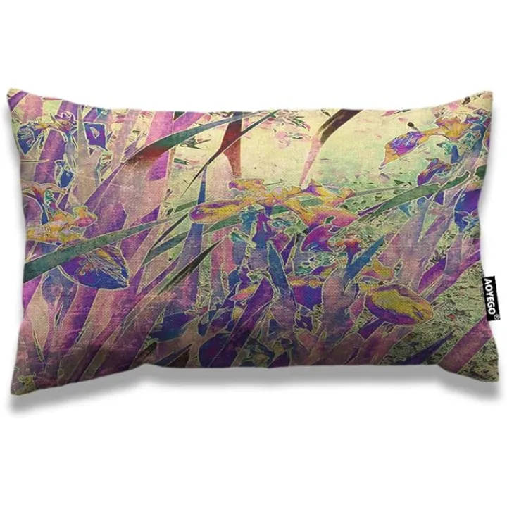 AOYEGO Floral Throw Pillow Cover 12x20 Inch Vintage Art Nature Irises Flower Leaves Rectangle Pillow Cases Home Decorative Cotton Linen Cushion Cover for Bed Sofa Purple Green