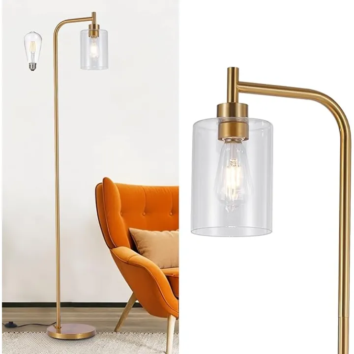 DLLT Floor Lamp Tall for Room: Gold Standing Lamp with Clear Glass Lampshade for Living Room - Modern Bright Lamp for Bedroom - Industrial Corner Floor Lamps for Office 8W Led Bulb Included
