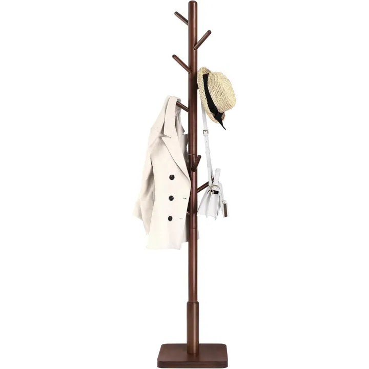 VASAGLE Solid Wood Coat Rack, Free Standing Hall Coat Tree with 8 Hooks, 3 Height Options, for Coats, Hats, Bags, Purses, for Entryway, Hallway, Rubberwood Hooks and Pole, Dark Walnut URCR010W01