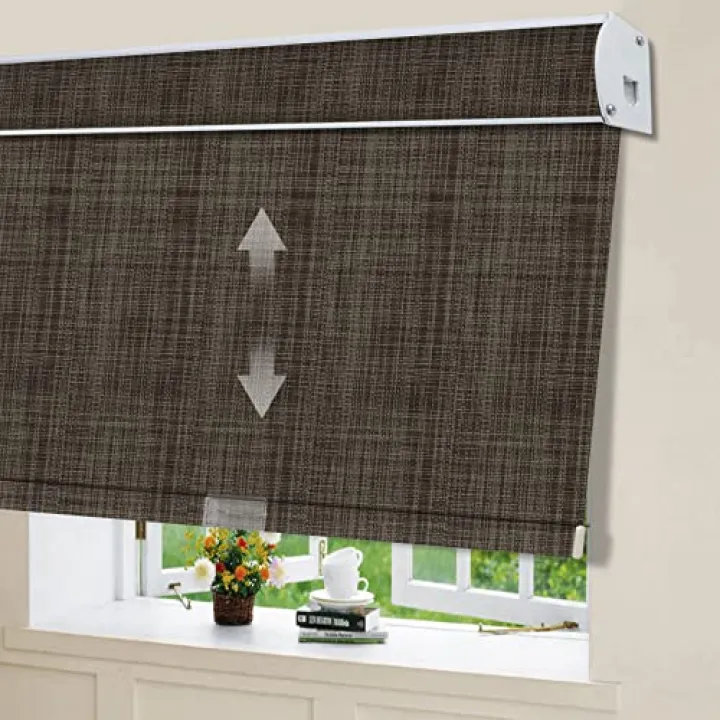 Blackout Roller Shades Window Blinds, Linen Brown Custom Thermal Insulated Waterproof UV Protection Premium Cordless Roller Blinds for Windows, Doors, French Doors, Easy to Install