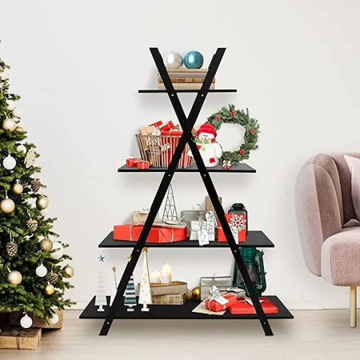SUPER DEAL A Frame Bookshelf Storage Shelves, 4 Tier Ladder Bookcase Free Standing, Plant Book Display Furniture for Home Office, Black