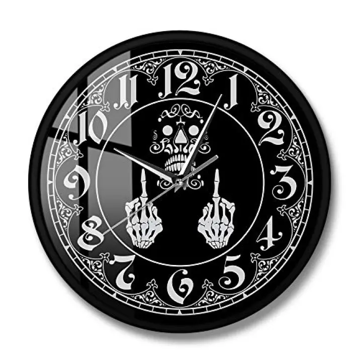 The Geeky Days Skeleton Middle Finger Scary Silent Metal Frame Wall Clock Funny Vulgar Offensive Rude Middle Finger Skull Hanging Wall Watch Halloween Wall Decor