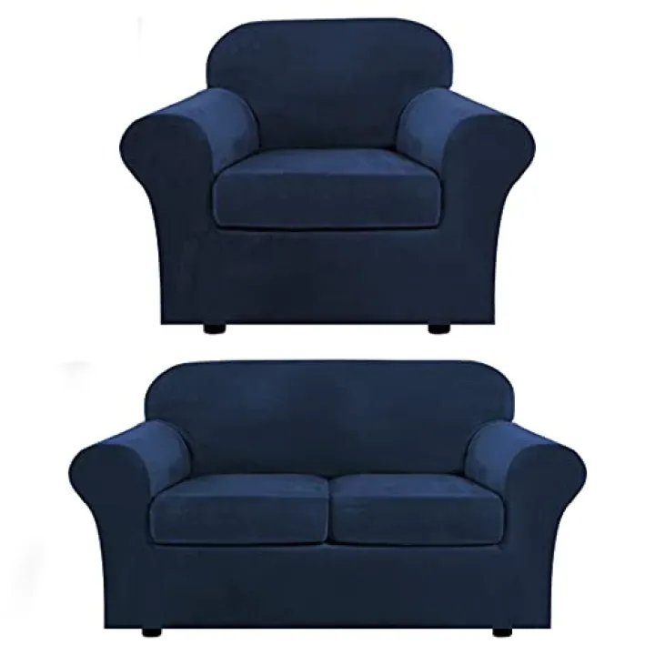 H.VERSAILTEX Velvet Plush Armchair Cover Bundles Loveseat Cover for 2 Cushion Couch, Furniture Protector, Ultra Soft, Removable and Washable,Navy