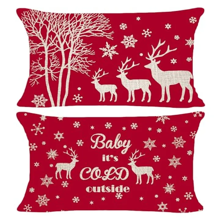 Hysunland 12x20 Red Christmas Outdoor Pillow Covers Set of 2, Reindeer Snowflake Pillow Case 2PK for Living Room, Winter Lumbar Throw Pillow Covers 12x20 Inch(No Fillers Included)