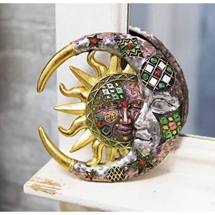 Ebros Colorful Celestial Deities Belenos Golden Sun and Selene Moon Wall Hanging Decor 7.5"Tall Day Fading Into Night Mounted Plaque With Mirrors Beads Gems And Decorative Accessories