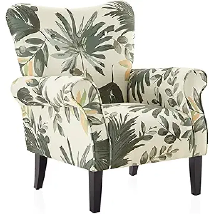 BELLEZE Modern Accent Chair for Living Room, High Back Floral Armchair with Wooden Legs, Upholstered Wingback Side Chair Padded Armrest Single Sofa for Living Room, Bedroom - Allston (Green Floral)