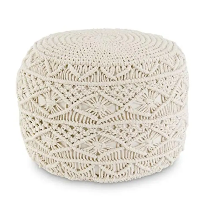 K&K Interiors 16691A 19 Inch Cream Macrame Pouf