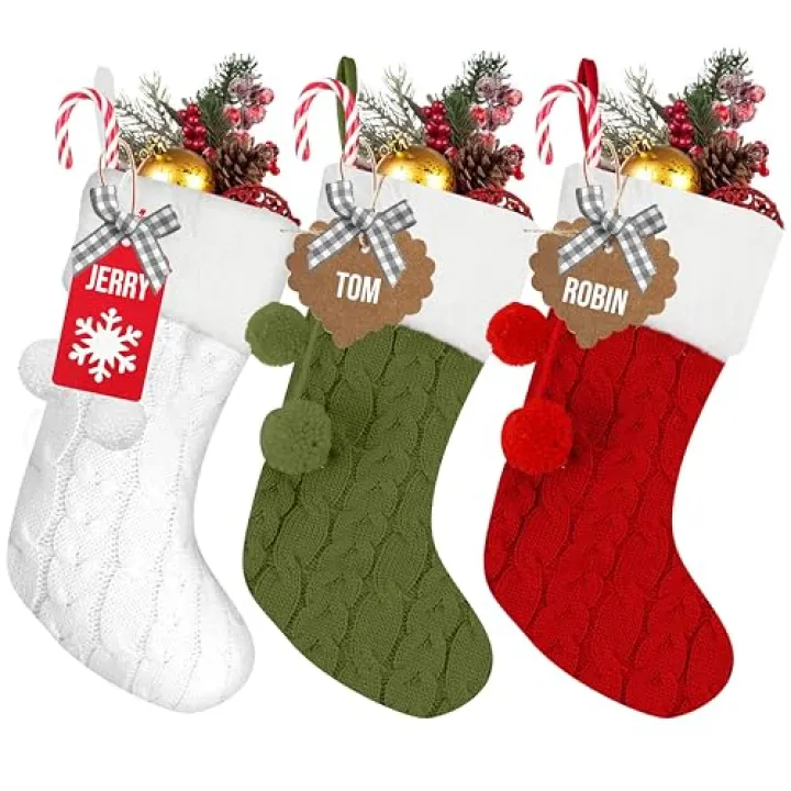 RFAQK Personalized Christmas Stockings -Set of 3 with 50 Pcs Name Tags, Large Xmas Stockings for Christmas Decorations - Fireplace Hangings for Family Holiday, Farmhouse and Home Décor