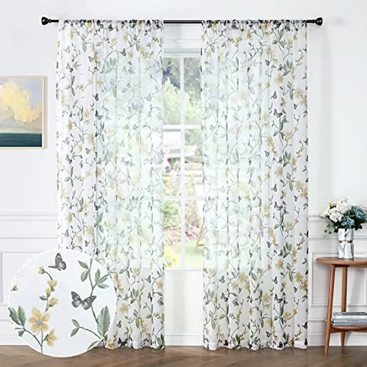 Tollpiz Sheer Floral Curtain Yellow Flower Butterfly Printed Bedroom Curtains Rod Pocket Voile Faux Linen Window Curtain for Living Room, 54 x 84 inches Long, Set of 2 Panels