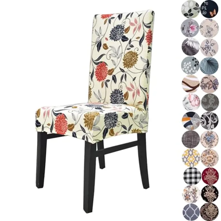 Lalluxy Chair Covers for Dining Chairs Set of 4, Stretchy Soft Parson Chair Covers Removable Washable Kitchen Dining Room Chair Slipcovers with Elastic for Universal Fit (Orange Flowers)