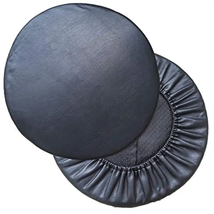 ALoveTree 2PCS Round Bar Stool Cushion with Elastic Round Foam Padded Seat Cushions Waterproof Leather Bar Stool Covers Diam 12"-Thk 0.8" Black