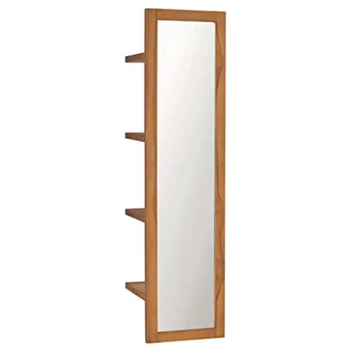 vidaXL Wall-Mounted Bathroom Mirror with Open Shelves - Colonial Yet ic Style - 11.8"x11.8"x47.2" - Solid Teak Wood - Brown - 4 Shelves - Easy to Mount
