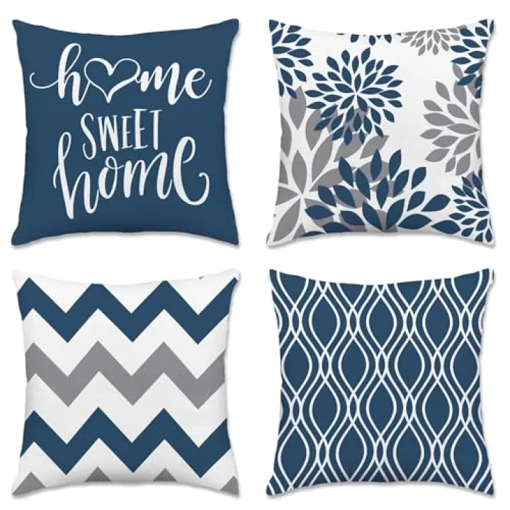 Hexagram Geometric Blue Pillow Covers 18x18 Set of 4, Decorative Outdoor Boho Modern Throw Pillow Covers, Home Sweet Home Farmhouse Cushion Case for Couch Sofa Bedroom Indoor Decor(No Insert)