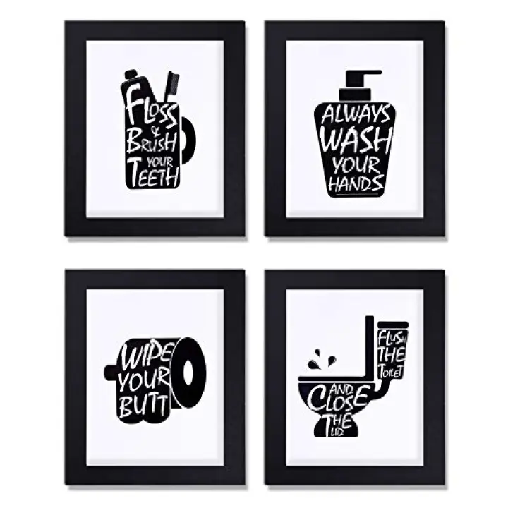 Joysnana Bathroom Decor Wall Art Prints with Paper Frames; Funny Wall Signs Black and White Canvas Artwork Poster Carboard Frames 810inch set of 4 (Black and White)